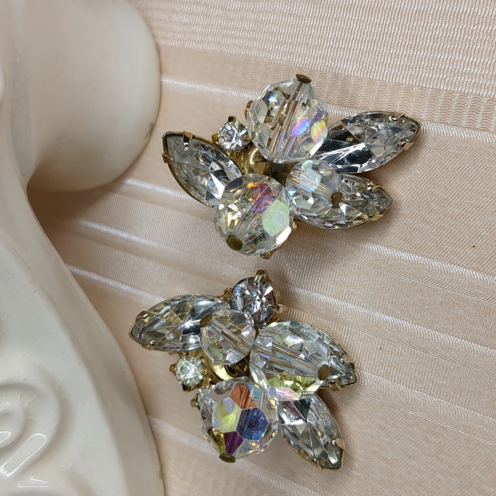Vintage Clear AB Rhinestone Crystal Dangle Ear Climber Clip On Earrings